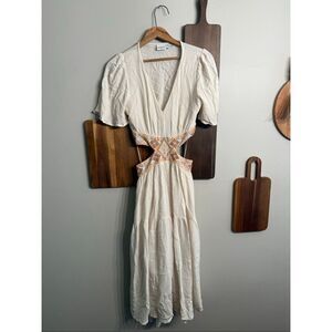Desigual White Crepe Embroidered Cutout Waist V-neck Midi Dress Small